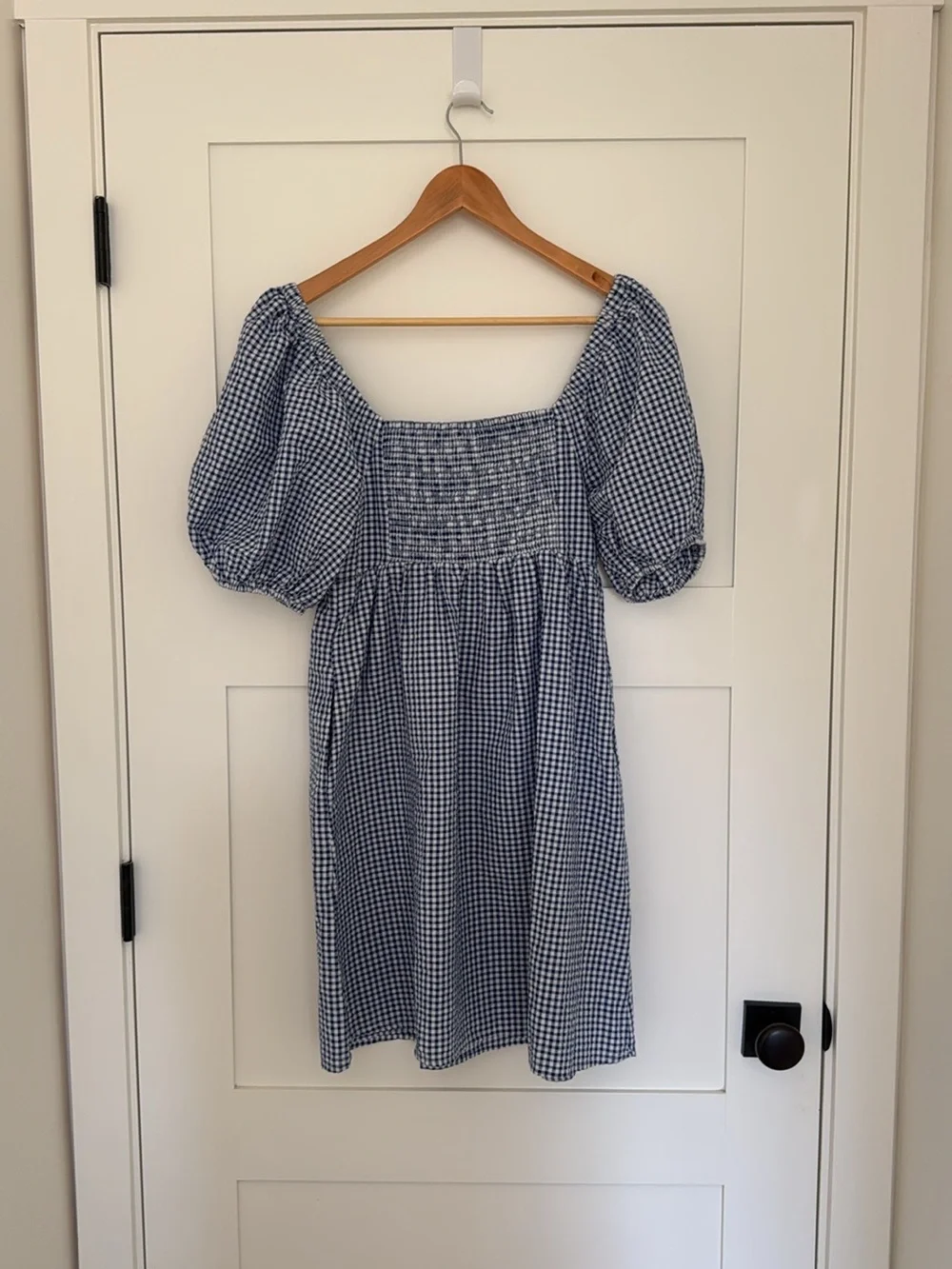 Old Navy Blue Gingham Puff Sleeve Mini Dress Pockets Size S